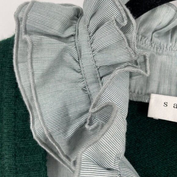 Sandro Bottle Green Ruffle Neck 100% Wool 100% Cotton Layered Pullover Sweater L - Picture 7 of 12
